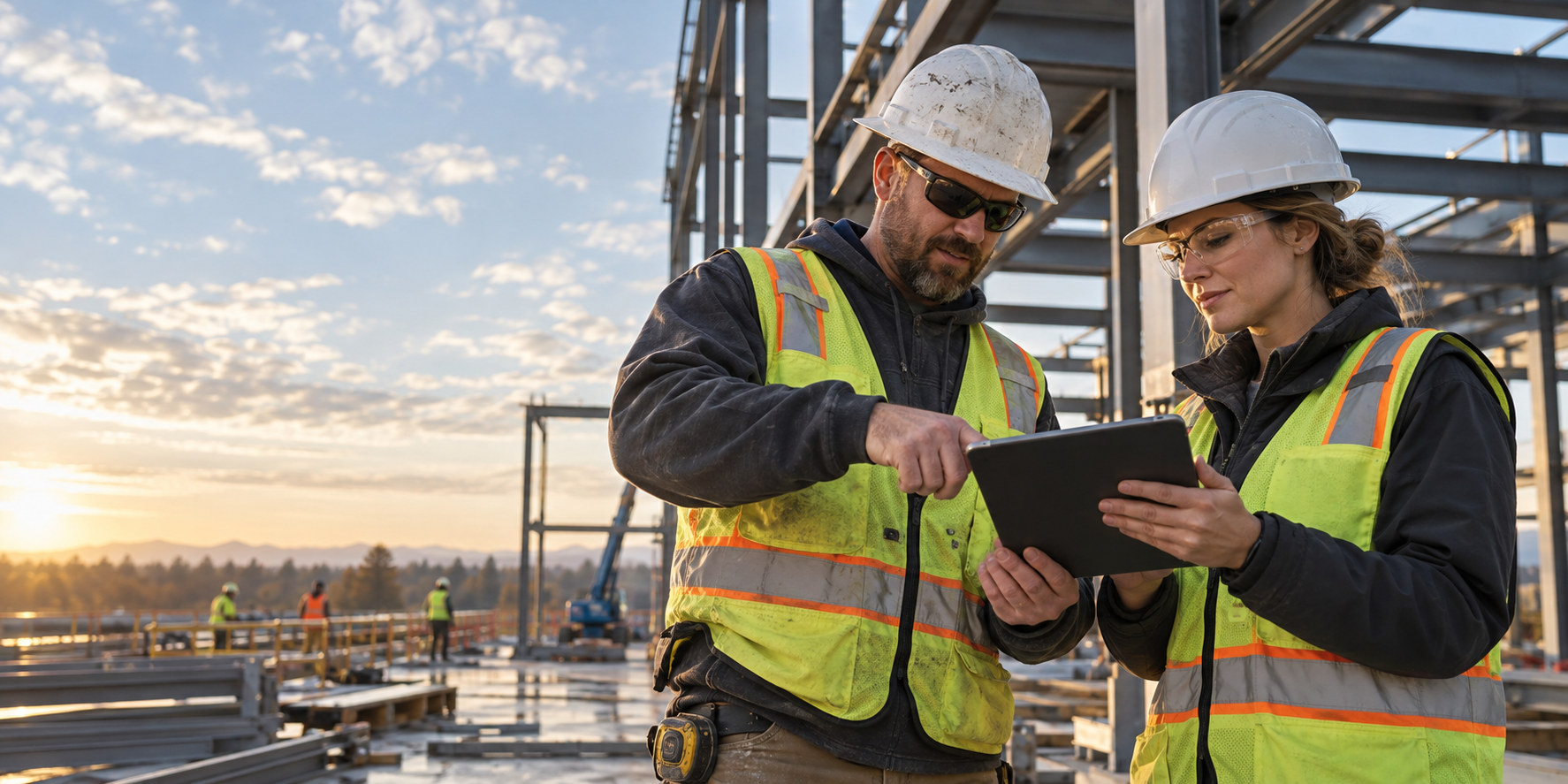 Two construction professionals reviewing a tablet together on a steel-frame job site